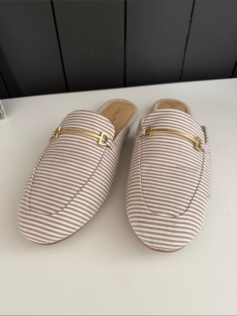 Nautica Women's Beige & White Striped Slip-On Mules